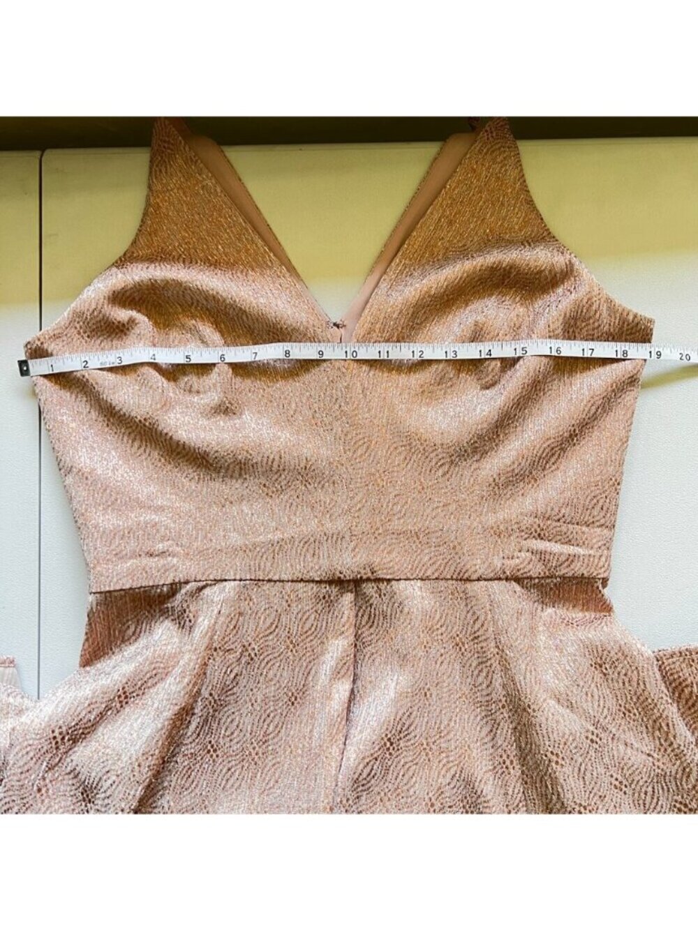 Rose Gold Metallic Cocktail Dress Backless Fit & Flare Wedding Guest Glam - Picture 8 of 9